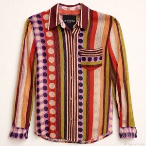Le Superbe Mixed Print Striped Polka Dot Viscose Button Down Blouse